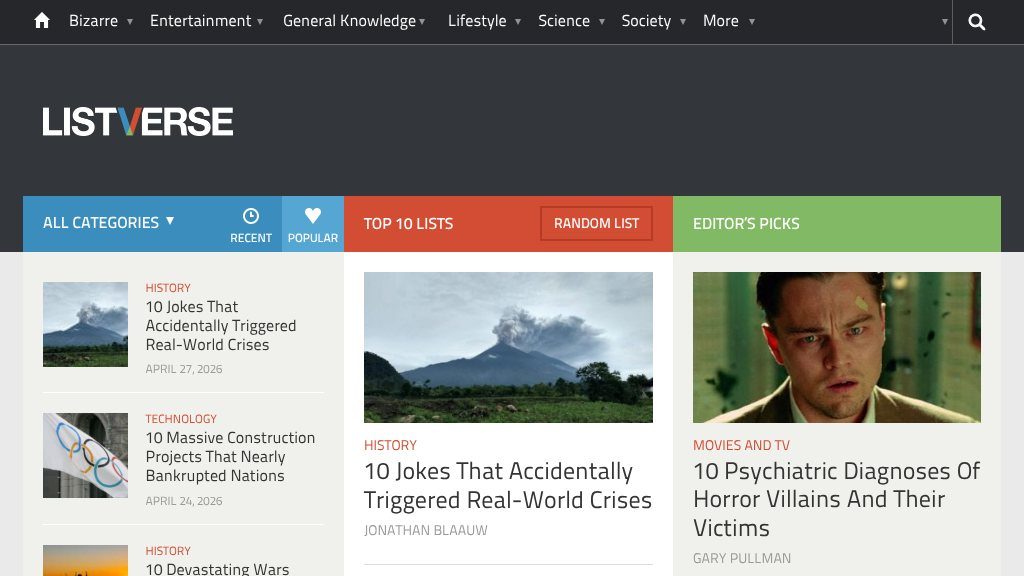 Screenshot of Listverse: Your Daily Dose of Fascinating Top 10 Lists