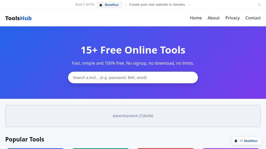 Screenshot of ToolsHub: Free Online Utilities for Everyday Calculations and Conversions