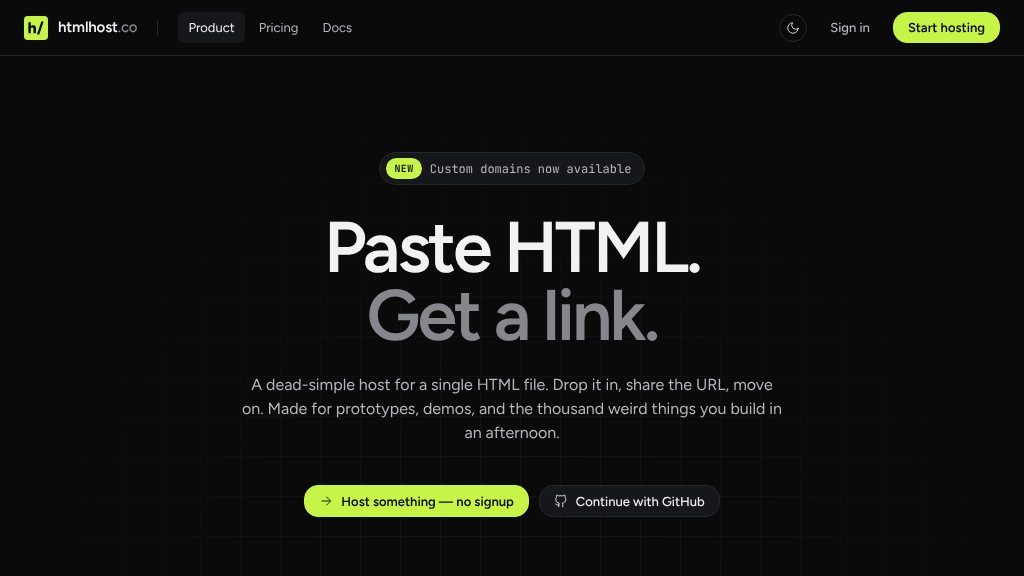 Screenshot of HTMLHost.co: Simple and Fast Hosting for Single HTML Files